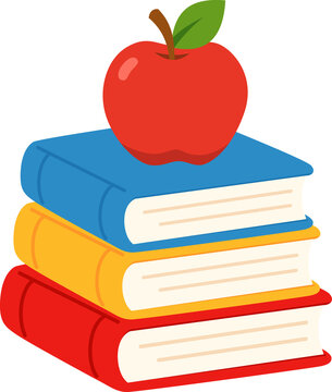 Stack of Colorful Books with Red Apple on Top
