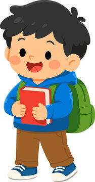 Happy Young Boy with Backpack and Book Going to School