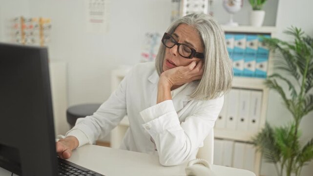 Woman optician in white coat with glasses resting cheek on hand at computer desk in building, eyeglass display and filing cabinets visible; fatigue vision.