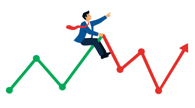 Businessman riding a dramatic rising and falling financial line chart, symbolizing investment volatility, market uncertainty, trading risk and changing corporate fortunes in vivid flat vector art