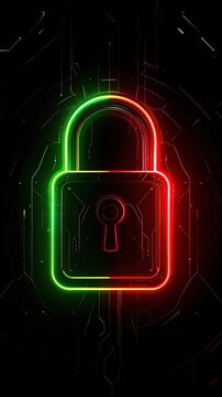 Cyber Security Padlock Icon with Red and Green Neon Glow on Digital Background