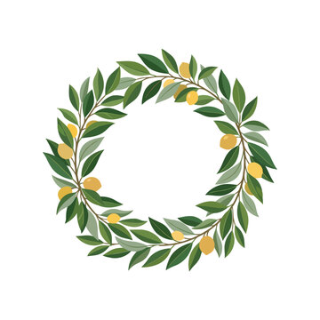 Lemon wreath frame with green leaves. Botanical citrus border for wedding invitation design.