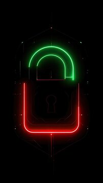 Futuristic neon unlocked padlock for cybersecurity and digital access concept.
