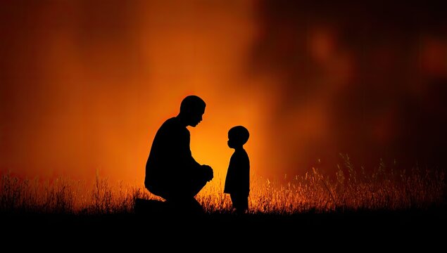 Silhouette of a parent kneeling, talking to a child; warm orange background