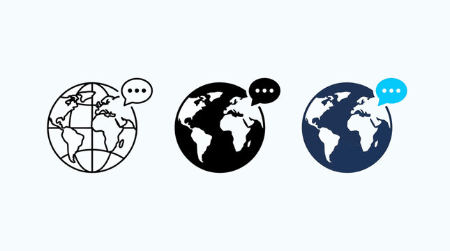Global communication concept icon set featuring a world map globe with a speech bubble for international networking and digital connectivity.
