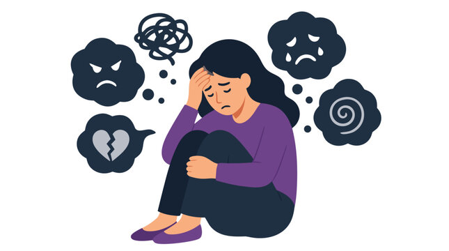 Distressed woman sitting with folded knees amid angry, sad, confused, and tangled thought bubbles, expressive flat vector illustration portraying anxiety, stress, sadness, and emotional struggle