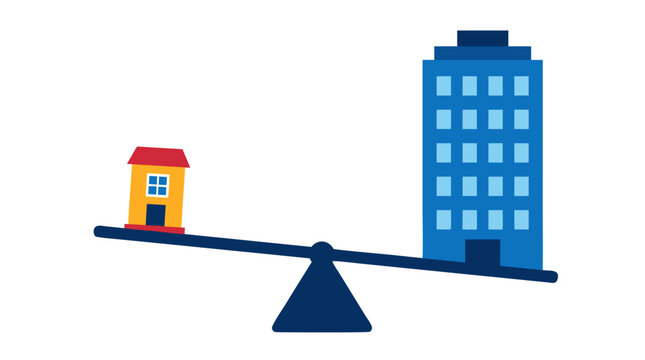 Small house and tall office building balanced on opposite ends of a seesaw, bold flat vector illustration symbolizing housing inequality, economic balance, property values, and social disparity