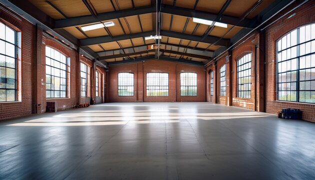 spacious empty interior of a modern warehouse featuring exposed brick walls and large windows providing natural light