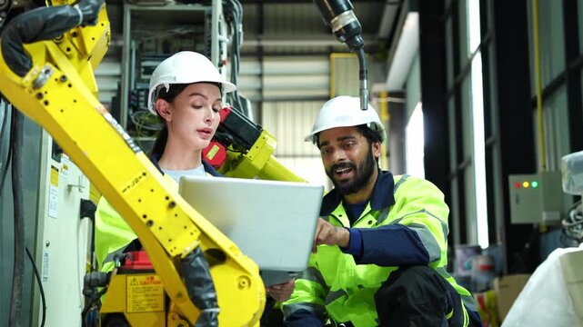 Two diverse workers collaborating on a project in an industrial setting with machinery and technology