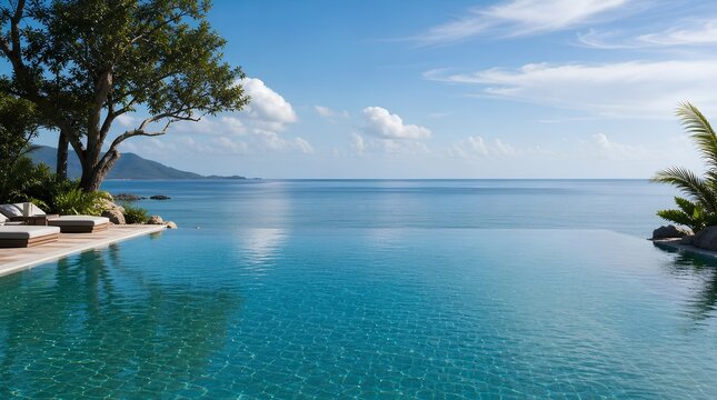 Luxury infinity pool overlooks a calm tropical sea with loungers, palms, and blue sky, ideal for upscale resort, travel, or wellness marketing.