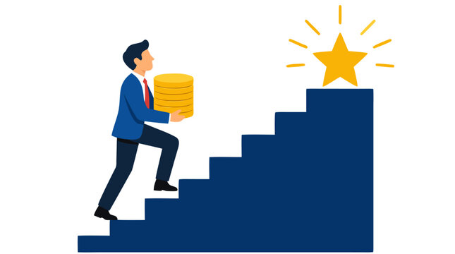 Businessman carrying a stack of gold coins up a staircase toward a shining star, symbolizing financial success, career progress, wealth building, ambition, achievement, and prosperity