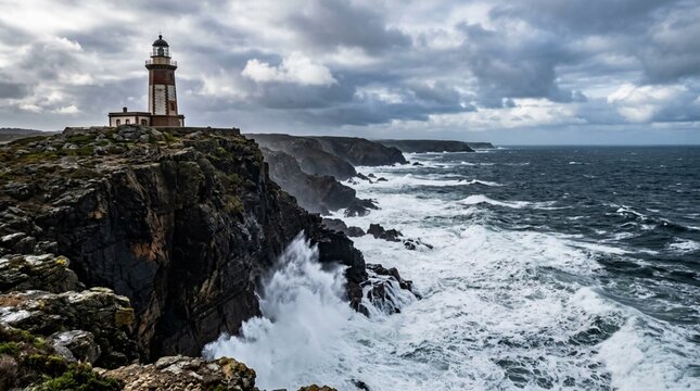 A brick lighthouse stands on rugged sea cliffs as storm waves crash below, suited for travel marketing, coastal safety themes, and dramatic nature campaigns.