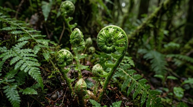 Fresh green fern fiddleheads unfurl on a damp forest floor, suited for botanical, ecology, rainforest, wellness, or natural growth promotions.
