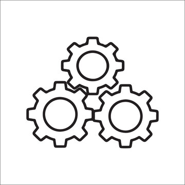 three interlocking gear icons with toothed circular shapes, symbolizing mechanics, engineering, teamwork, and system functionality; stylized gear icon illustration.