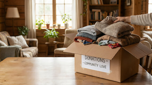 A cardboard box filled with gently used clothing and textiles prepared for charitable donation inside a cozy home environment representing community support and social responsibility charity donation