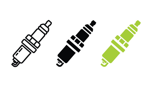 Automotive engine spark plug vector icon set featuring green and black variations for car performance and repair shop branding and technical automotive maintenance service digital graphics