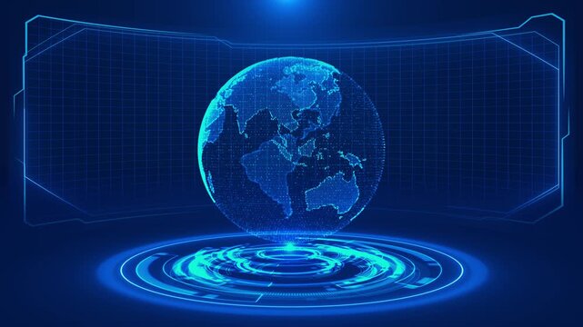 Blue global data hologram visual floating earth sphere, luminous circular platform, wide digital screen panels. worldwide business videos, tech presentations, network maps, futuristic motion graphics.