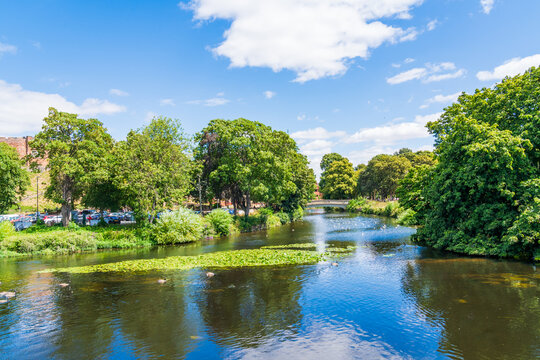 A view of the meeting point of the River Anker and Tame in Tamworth, Staffordshire beneath the twelfth century Castle