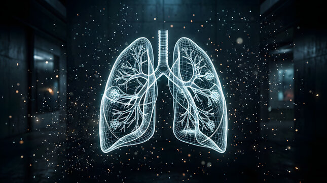 Glowing lung hologram with shimmering bokeh light particles.