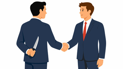 Fototapeta premium Business betrayal concept with a deceptive businessman hiding a knife while shaking hands with an unaware colleague, vivid flat vector illustration of corporate danger, distrust, and treachery