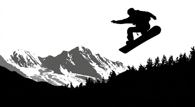 Silhouette of snowboarder mid-air, framed by a mountainscape and a treeline against a white sky