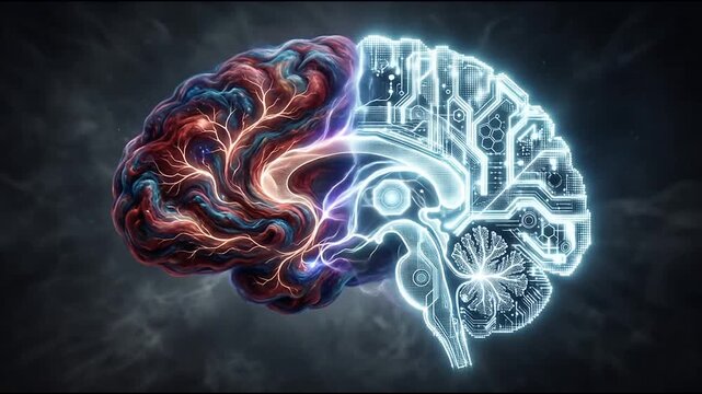 Symmetrical brain design merging organic tissue with glowing circuitry.