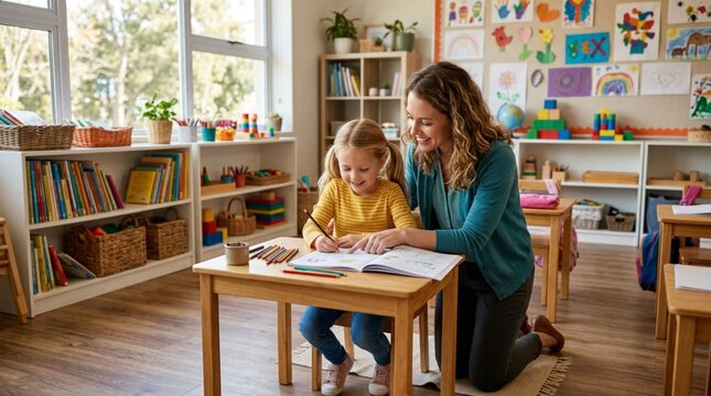 A smiling teacher helps a young girl draw with colored pencils at a classroom desk, ideal for early education, tutoring, childcare, and learning materials.