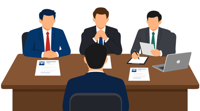 Three professional businessmen interviewing a job candidate across a conference table with resumes, documents, laptop, and paperwork, illustrating recruitment, hiring, assessment, and career