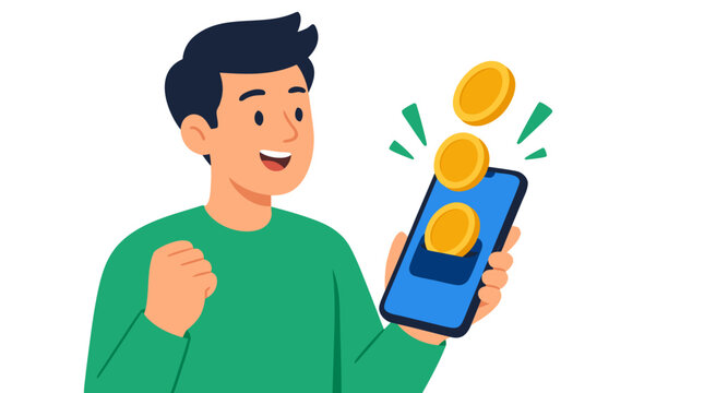Smiling man celebrating golden coins emerging from a smartphone, colorful flat vector illustration of digital payment, cashback rewards, mobile banking, online earnings, and financial technology