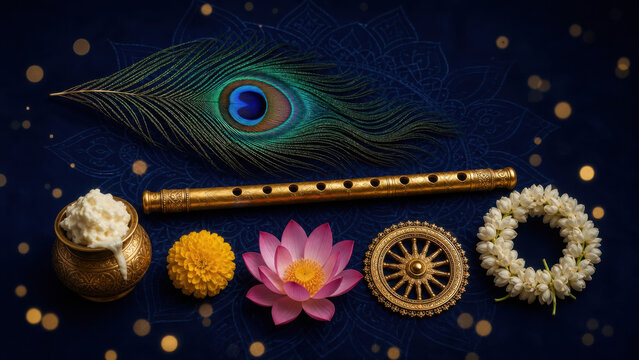 Traditional for krishna worship including a peacock feather, flute, lotus, and generated using ai
