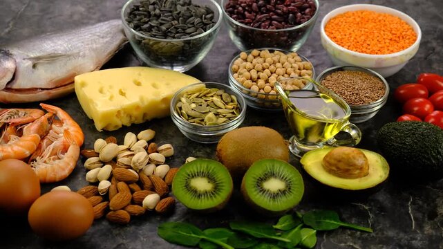 Foods that contain vitamin E. Selective focus.
