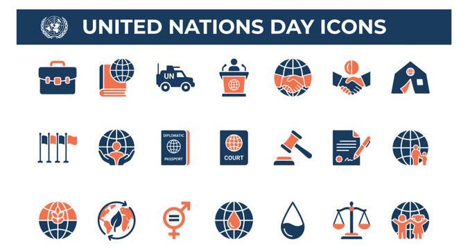 United nations day icons featuring global cooperation and diplomacy symbols featuring handshake, globe, court