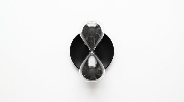 Modern hourglass with black sand on a white background, overhead shot