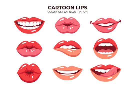 Cartoon Lips Set with Various Expressions on White Background