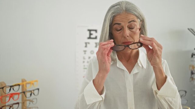 Woman adjusts glasses, fingers to temples near eyeglass display and snellen chart in optometry building; concentration attentive care.