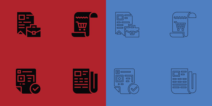 Business document and shopping receipt in solid and outline styles on red and blue split backgrounds