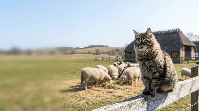 A charming protective farm cat with a striking pose sitting vigilantly on a wooden barn rail watching over a flock of sheep peacefully eating hay in the background on a small rustic farmstead on the