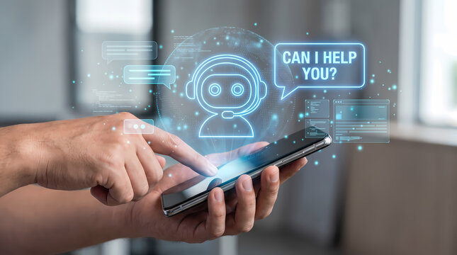 AI chatbot customer support. Intelligent virtual assistant. Business communication automation. Modern technology illustration