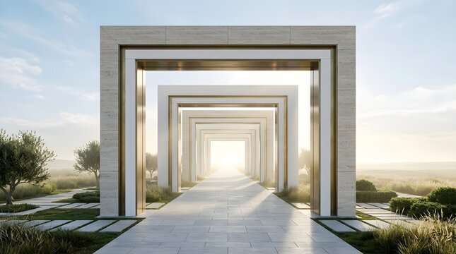 A series of monumental stone gateways leading towards a bright glowing horizon.