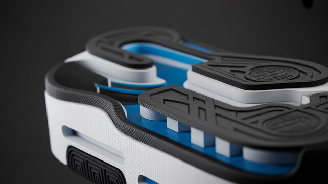 Close-up of a modern athletic shoe with a blue and white design and a thick rubber sole athletic close-up footwear training cushioning lifestyle