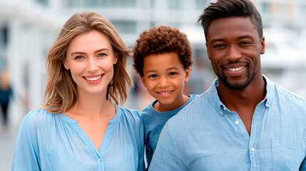Fototapeta premium Happy multiracial family with smiling parents and young son posing together outdoors in modern urban setting