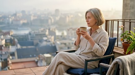 Fototapeta premium A serene middle-aged woman with grey hair enjoys a quiet morning on a sunlit balcony, holding a warm ceramic coffee cup while overlooking a soft-focus urban cityscape during a peaceful golden hour.