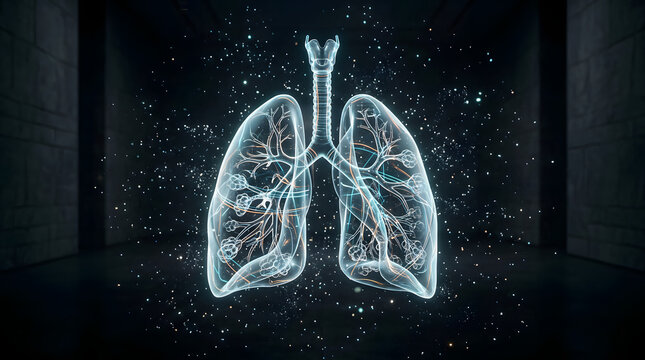 Glowing lungs with floating digital particle effects.