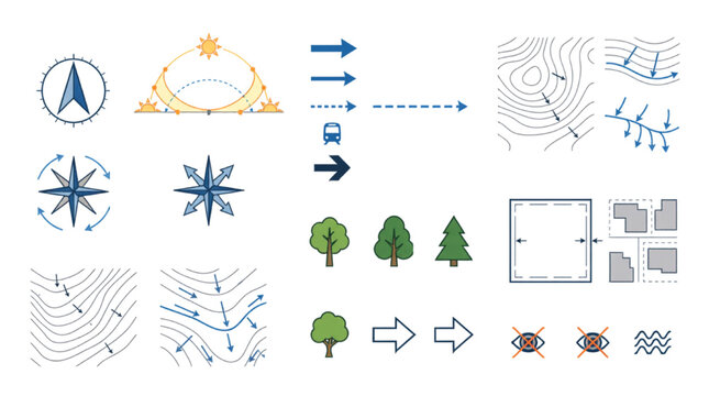 Architecture Site Analysis Symbols Collection, Urban Planning Diagram Vector Icon Set