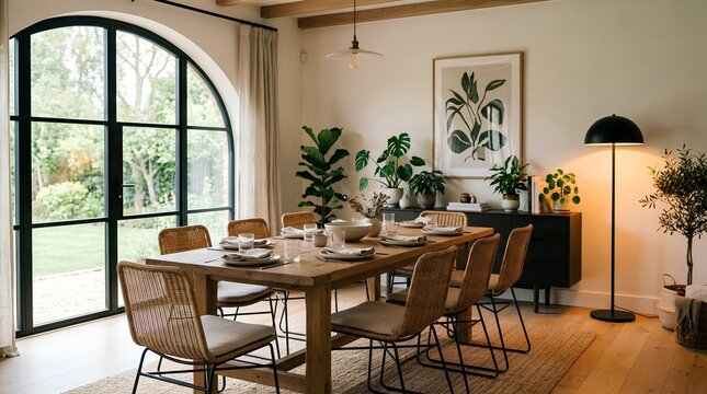A serene modern dining room interior featuring a long wooden table surrounded by stylish woven rattan chairs, large arched black steel windows, indoor potted plants, and warm ambient floor lamp