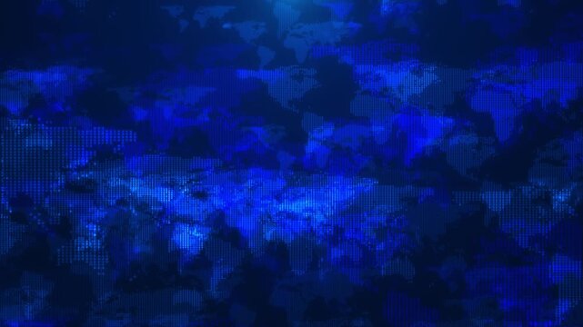 Global blue data map visual pixel dotted continents, dark texture, and broadcast style 19 atmosphere. worldwide news openers, finance dashboards, travel screens, digital motion