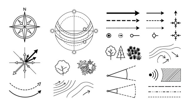 Architecture Site Analysis Symbols Set, Architectural Planning Diagram Vector Icons Collection