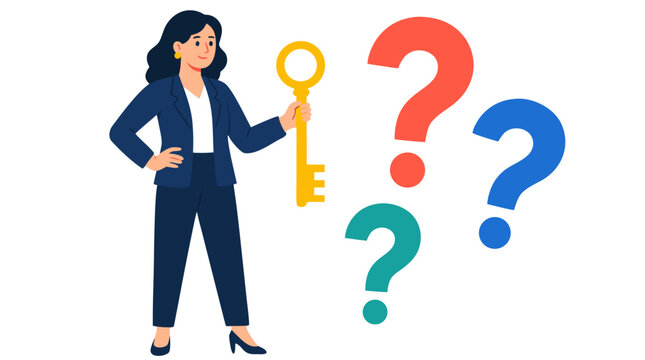Confident businesswoman holding a golden key beside colorful floating question marks, symbolizing solutions, access, opportunity, discovery, knowledge, leadership, and answers to complex problems