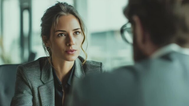 Focused female executive engages in thoughtful discussion with coworker, highlighting leadership and collaboration. Contemporary office setting emphasizes business professionalism and success