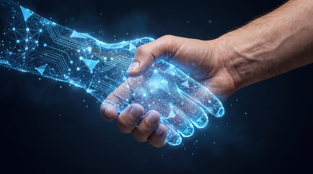 Human and AI handshake. Artificial intelligence partnership. Digital trust and collaboration. Futuristic technology illustration